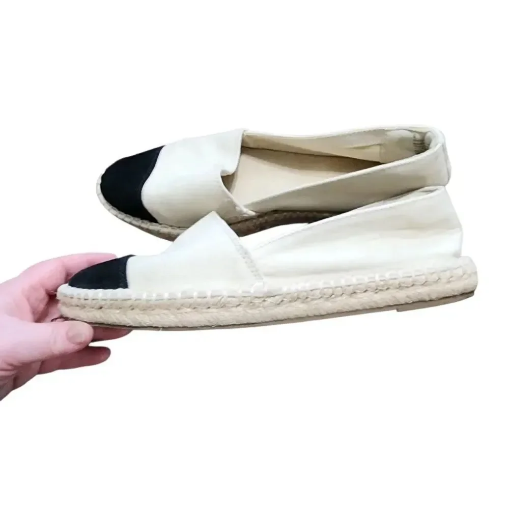a new day Slip On Shoes 9 Cream Canvas Black Faux Suede Almond Toe Espadrilles